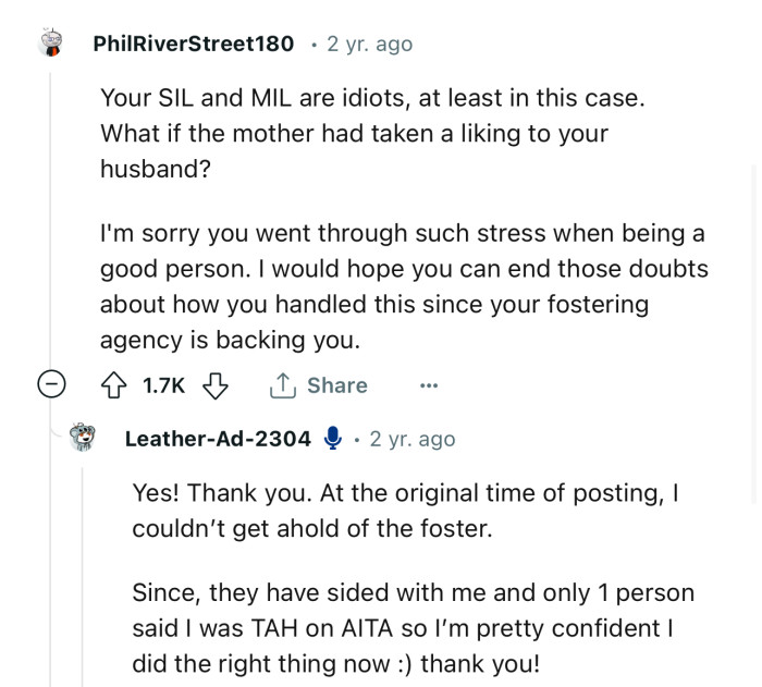 “Your SIL and MIL are idiots, at least in this case. What if the mother had taken a liking to your husband?”