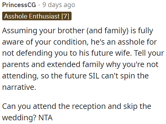 OP's brother should support her, and OP should inform her family about why she won't attend the wedding, but attending the reception is a reasonable option.