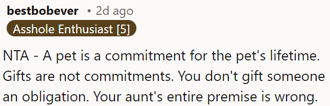 OP's aunt is mistaken: pets are lifetime commitments, not gifts that impose obligations.