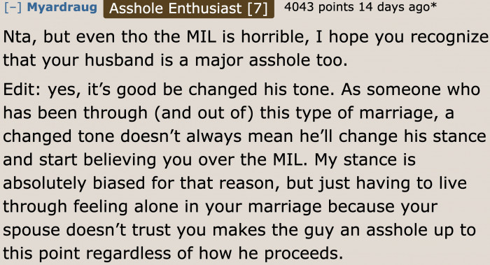 Redditors want the original poster to realize that there's also something wrong with the husband. That is a problem the couple needs to address eventually.