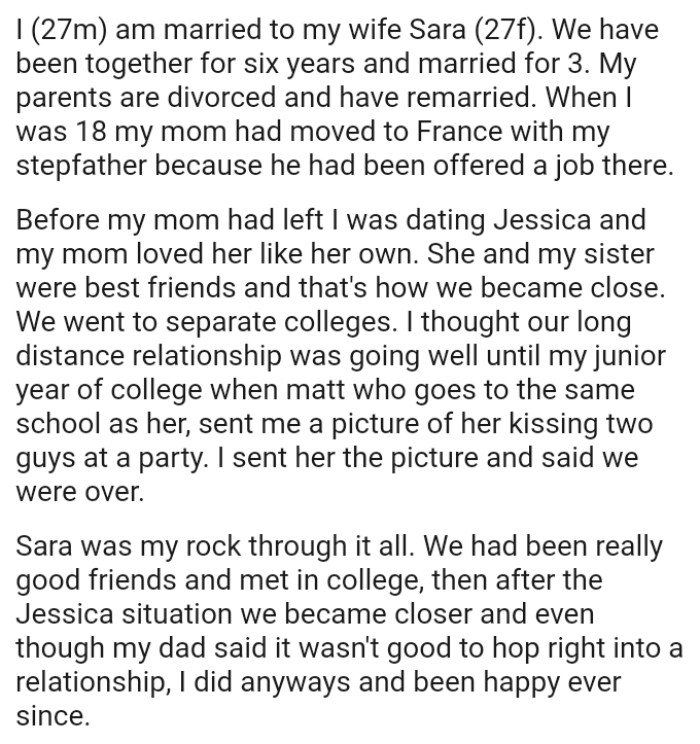The OP's ex and his sister were best friends and that's how they became close
