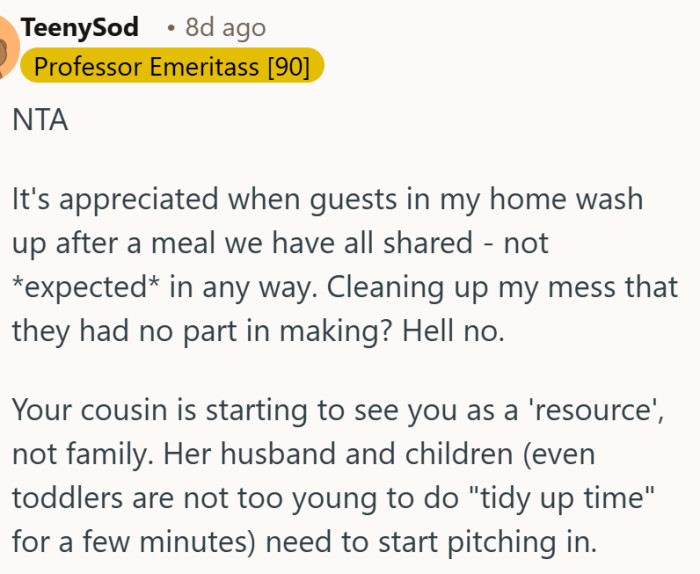 Babysitting five kids all evening does not make you responsible for cleaning the house, too.