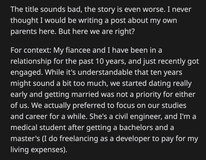 Both of their parents were talking about how much they invested in OP's and his fiancée's future and emphasized the value of family
