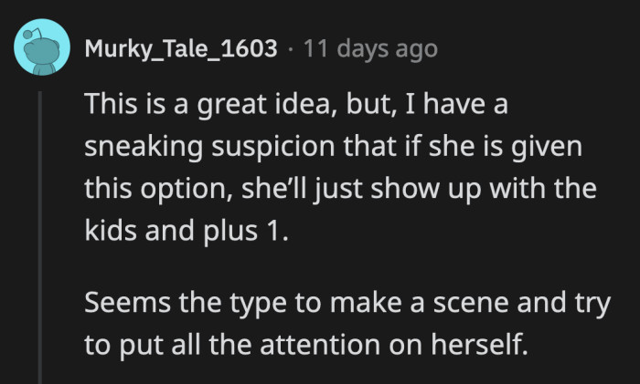 She's going to find a way to bring a guest and make a scene at the wedding