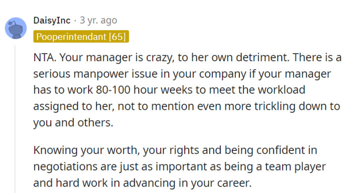 No blame on their part! The manager's craziness could sink the ship, and a severe manpower problem exists if she's working 80-100 hour weeks.