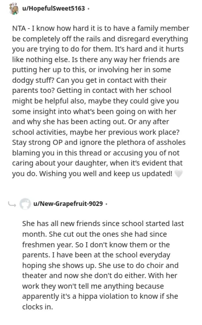 The parent seeks help for their daughter's school skipping and receives support