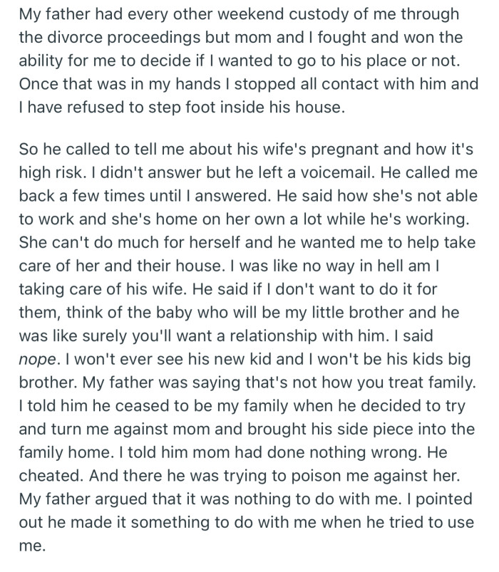 OP’s dad needs help in catering to his pregnant wife, but OP is in no mood to lend a helping hand