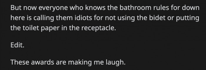 The people who knew how the bathroom etiquette is in that country calls out his brother and wife