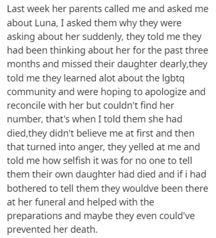 Recently, OP received a phone call from Luna's parents