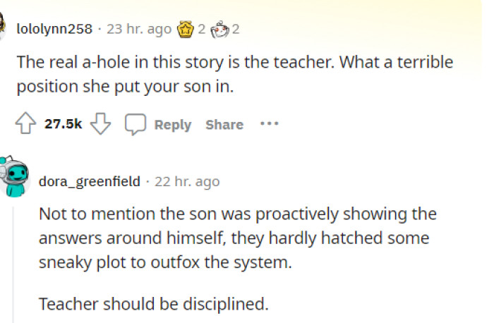 The people in the comments responded quickly and had a lot to say, including that the teacher is the biggest AH here, and they are right.