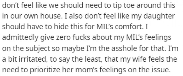 The wife doesn't want the daughter's girlfriend coming over for dinner because of her judgmental mother