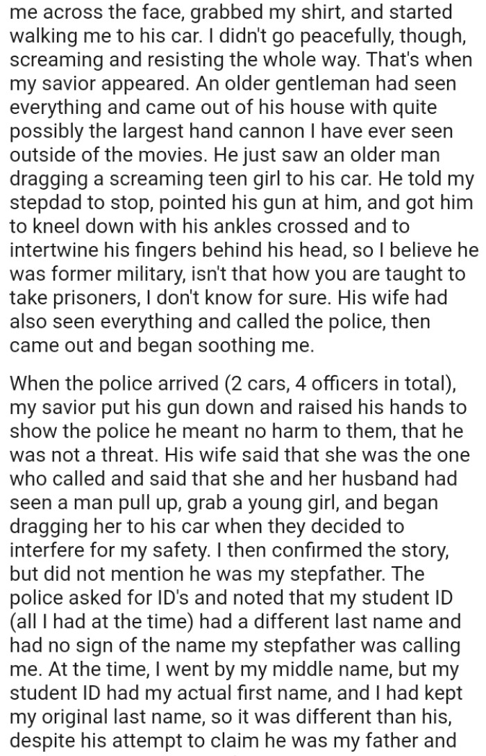 Her savior got him to kneel down with his ankles crossed and to intertwine his fingers behind his head