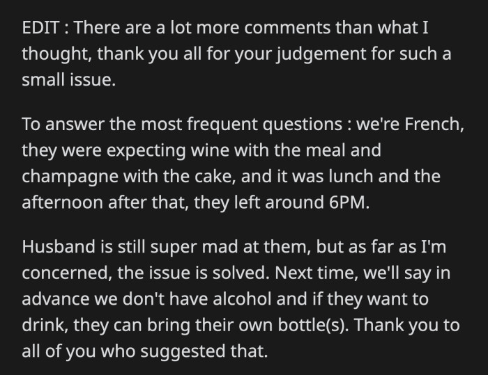 OP doesn't know if she and her husband were wrong not to serve wine at their one-year-old's birthday party.