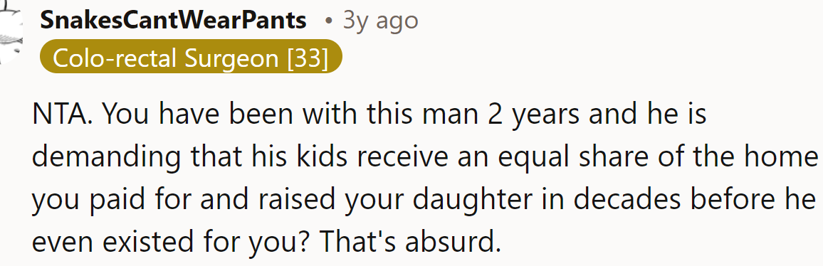 The fiancé's expectations are absurd