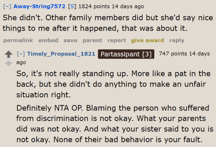 Her sister never defended her.