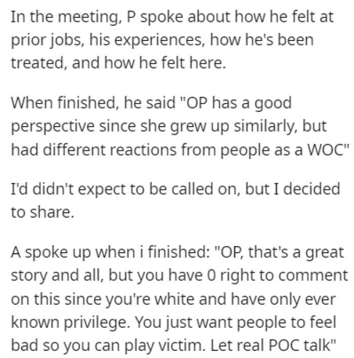 OP decided to share her experience during one of these meetings