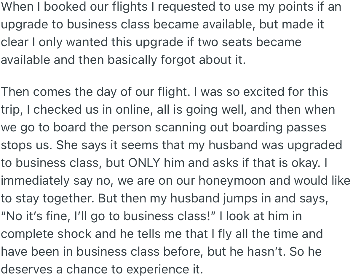 On the Day of the Flight, the Couple Found Out That Only the Husband Was Upgraded to Business Class. While OP Wasn’t Happy with This, Her Husband Jumped on the Opportunity Regardless of the Fact That He Was Going to Be Alone