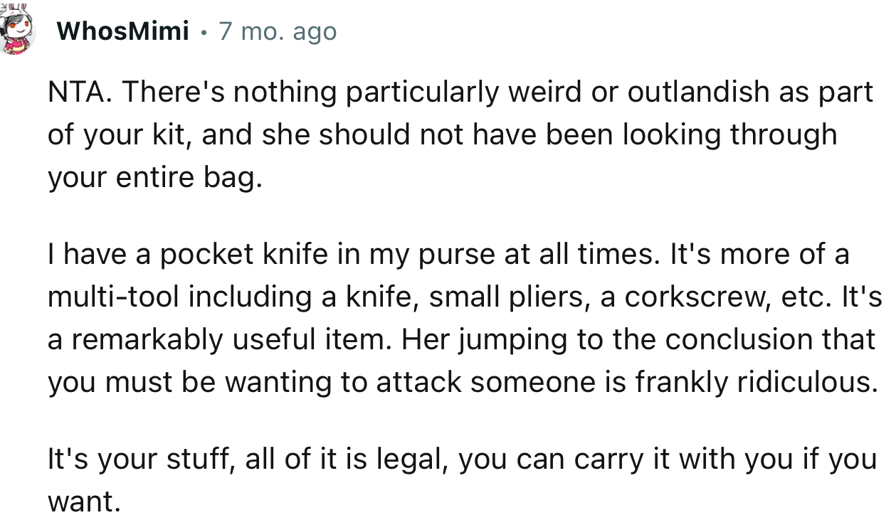 “There's Nothing Particularly Weird or Outlandish as Part of Your Kit, and She Should Not Have Been Looking Through Your Entire Bag.”