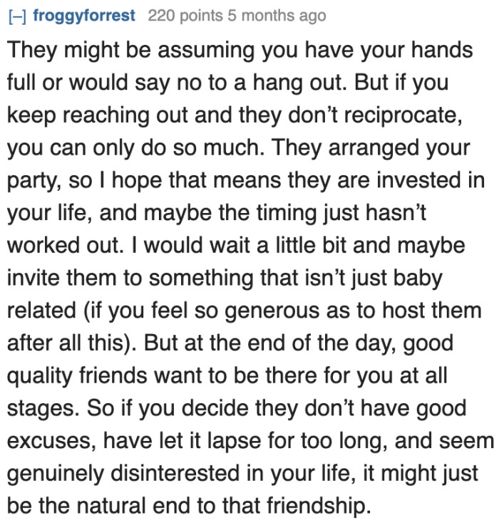 A user points out that since she'll be busy with her baby, the friends probably assumed that she would have no time to hang out with them.