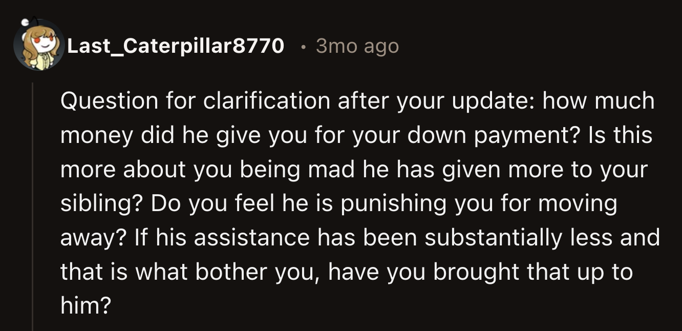 Redditors wanted to know if OP was upset about the downpayment or his dad's unfair treatment of him compared to his siblings.