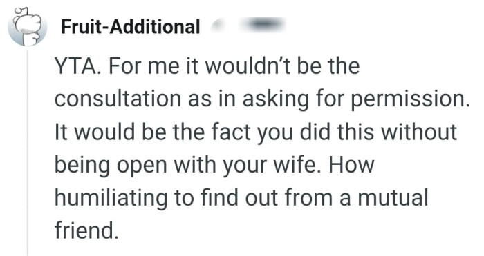 It's the fact that the OP did this without telling his wife