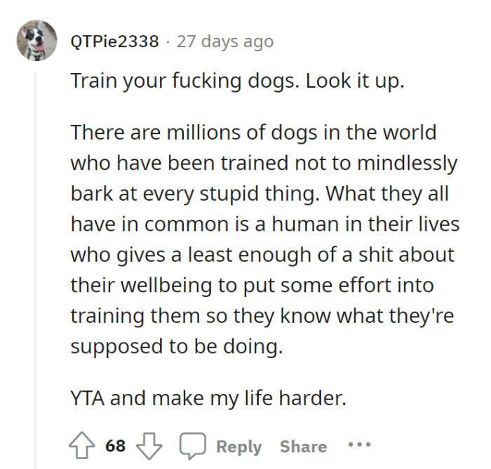 OP should look up how to train their dogs. The dogs’ human owners are responsible for their animals’ well-being, including training them.