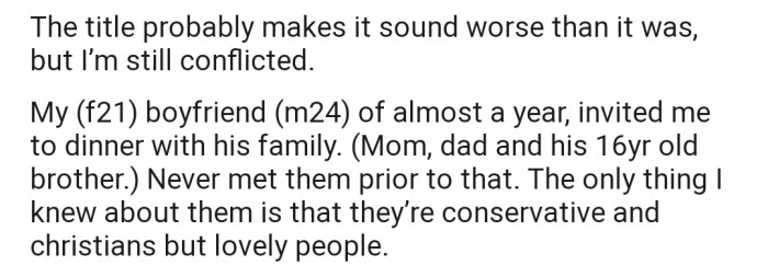 OP's boyfriend invited her to dinner with his family, and she was really looking forward to an amazing gathering
