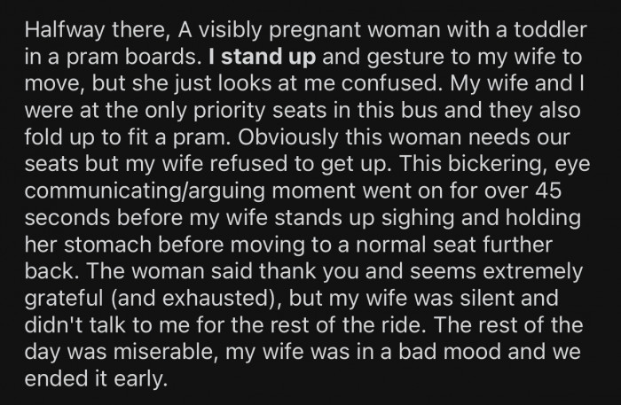 OP realized that another pregnant woman needed their seats more than they did.