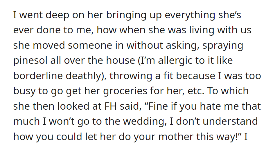 The bride confronted the MIL about past issues; the MIL threatened not to attend the wedding, accusing the fiancé of allowing mistreatment.