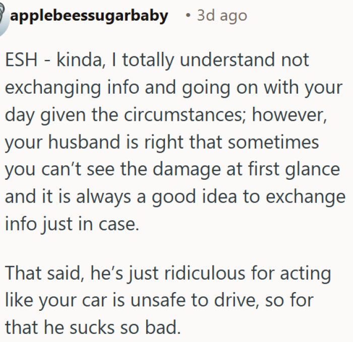 Not exchanging details after a fender bender is forgivable, but the husband's reaction is completely over the top