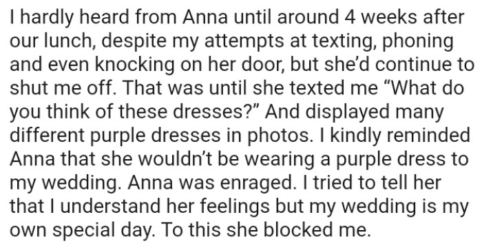 OP tried to tell her that she understands her feelings, but her wedding is her own special day