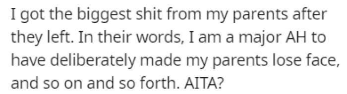 OP's parents were mad at her for pulling that stunt