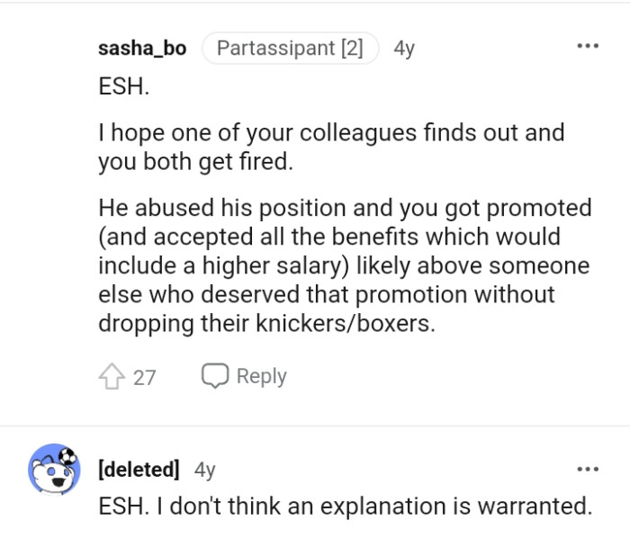 One of the colleagues finds out and they both get fired