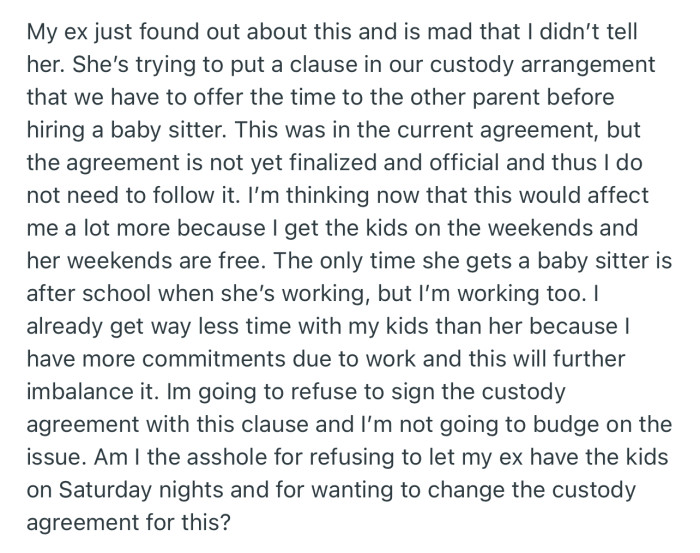 OP’s ex-girlfriend found out about the babysitter and is upset