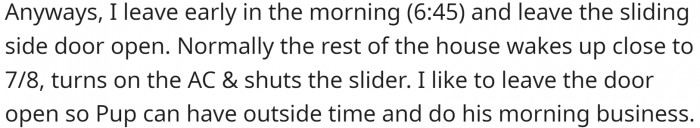 OP leaves the sliding door open in the morning so the pup can get back in after doing its business