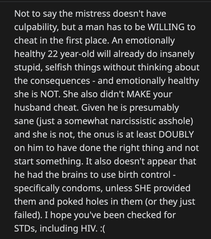 Her husband is disgusting for cheating on OP with a 22-year-old woman fresh out of rehab