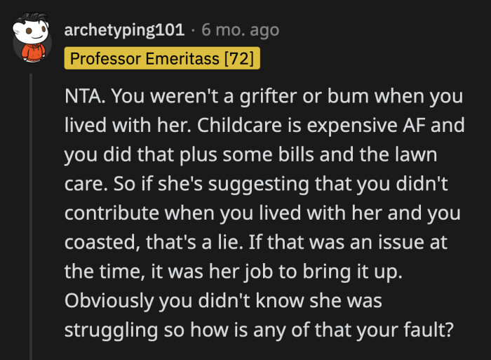 OP didn't take advantage of her sister. She made concrete, valuable contributions to their households. The same can't be said about the 50-year-old boyfriend.