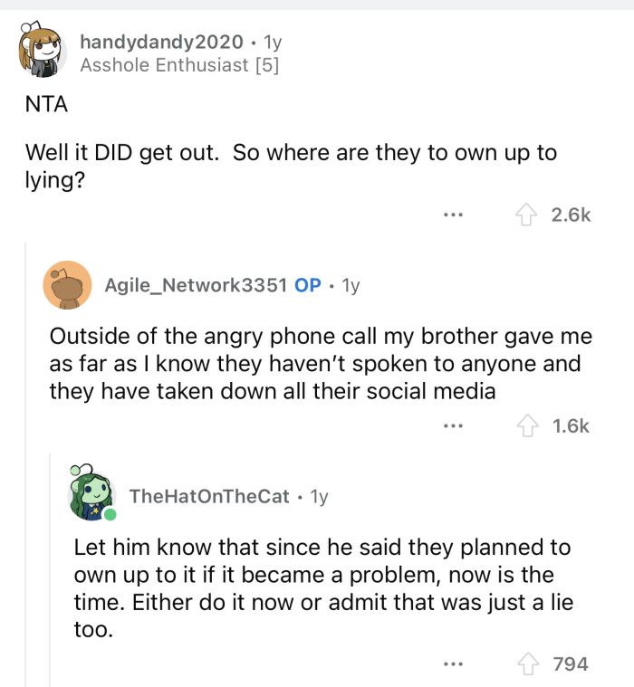 Neither the girlfriend nor the brother owned up to their lies.