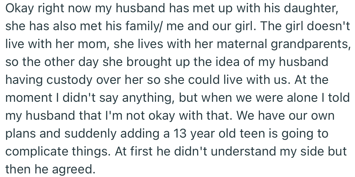 OP’s husband met with his daughter, who brought up the idea of moving in with them. However, OP opposed this idea
