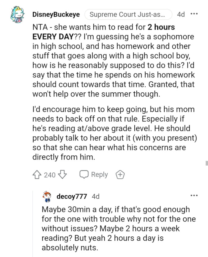 The boy's mom needs to back off on that rule