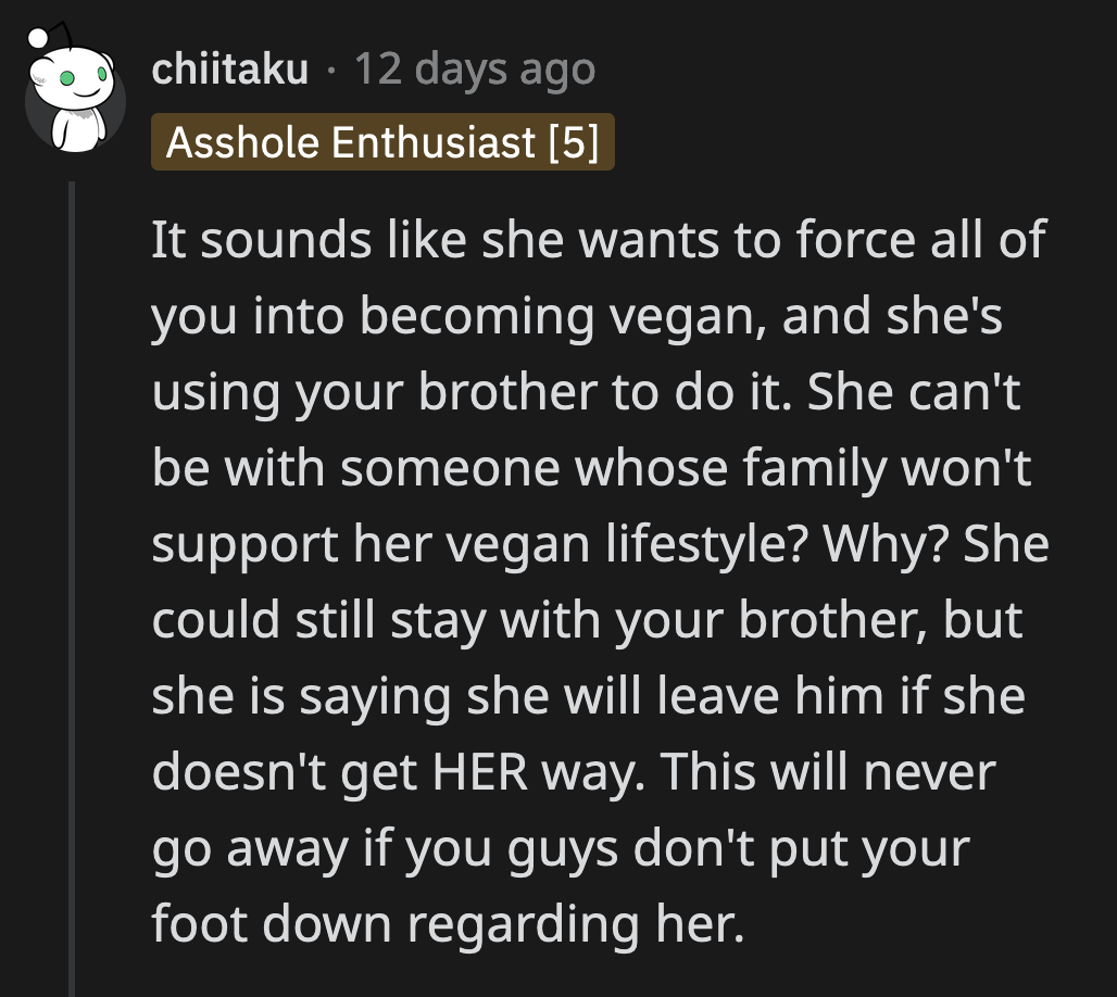 If she can't be around meat, then she is engaged to the wrong person. It's unfair to force OP's entire family to adhere to a vegan diet whenever her brother's fiancée is around.