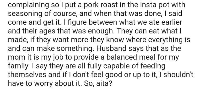 Well, OP later rustled up something for the family to eat, but that was not the end of the argument. Her husband feels that as the mom, it's her duty to prepare a balanced diet for the family to eat—on her side, she feels that everyone is fully capable to making their own food if she's not in the mood to prepare anything