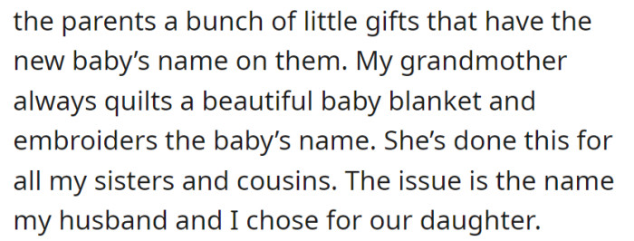 Celebrating with personalized gifts for the baby, but the chosen name complicates the traditional embroidered blanket crafted by Grandma.