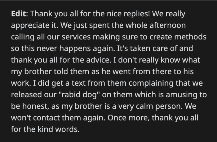 OP's regularly calm brother unleashed hell on the parents, which disturbed them and amused OP