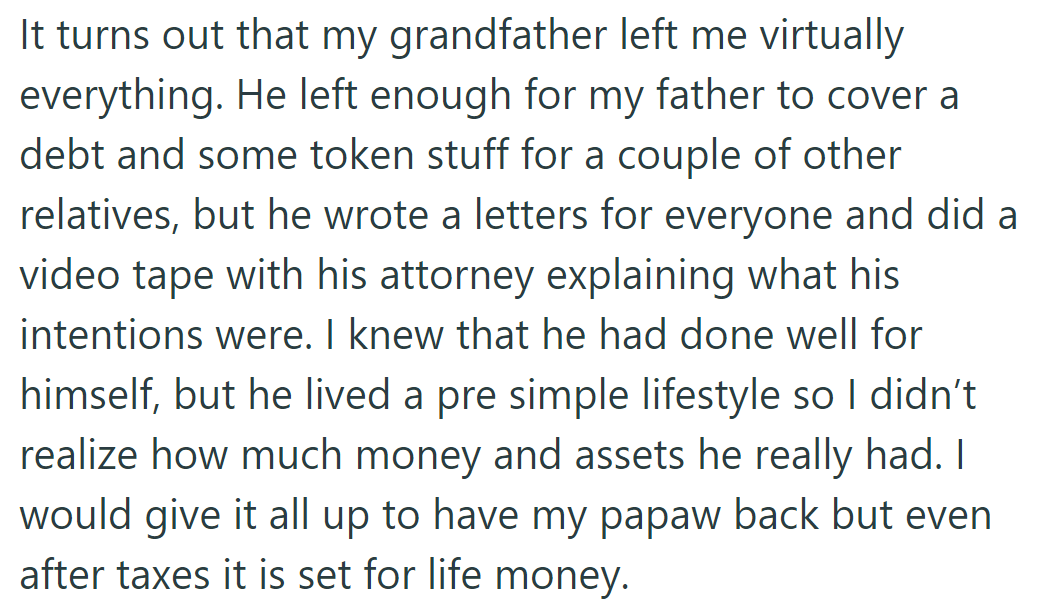 Grandfather leaves wealth and secures the future, but nothing can replace him.