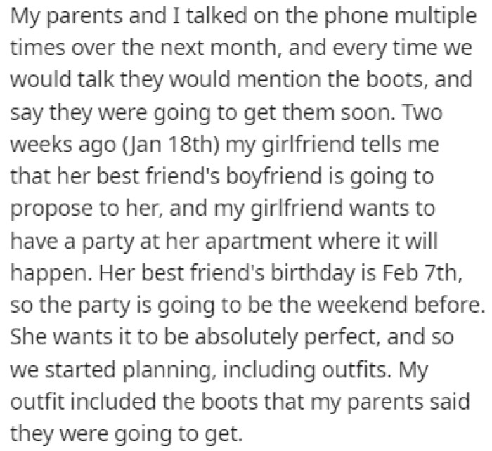 Weeks went by after Christmas, and OP still didn't get their boots