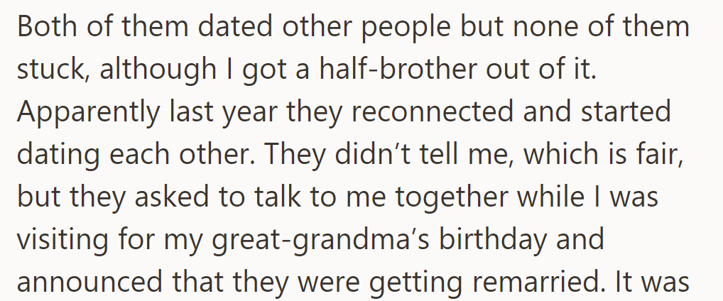 Both parents dated others but reconnected and got engaged. They surprised her with the news at a family event.