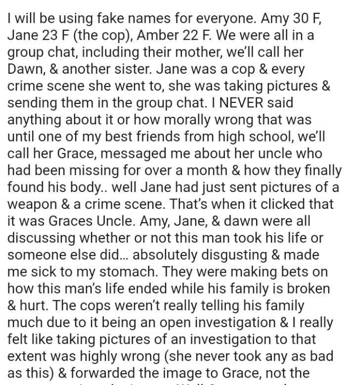 OP's friend messaged her about her uncle who had been missing for over a month and how they finally found his body