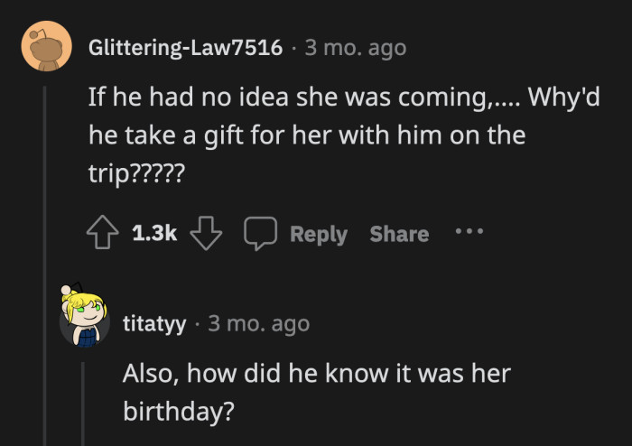 Paying for dinner after finding out it was her birthday is one thing. Flying for work purposes with a gift in tow is different.