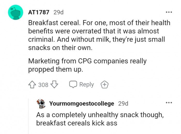 30. For this Redditor, it's breakfast cereal